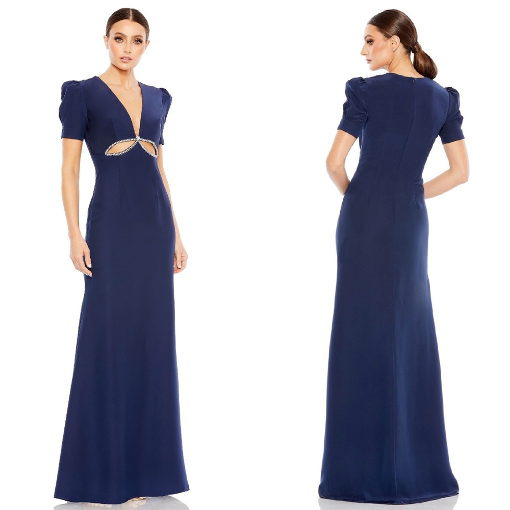 NEW Ieena MAC DUGGAL Navy PLUNGE NECK Puff Sleeve BEADED CUT OUT Column GOWN 8
